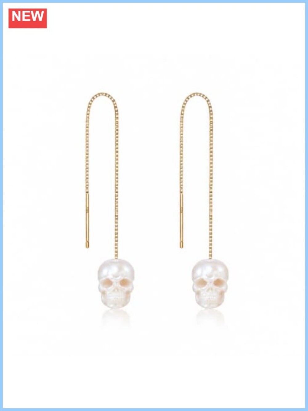 Hand-Carved Pearl Skull Threader Earrings 14K Gold Plated 925 Silver Drop Dangle